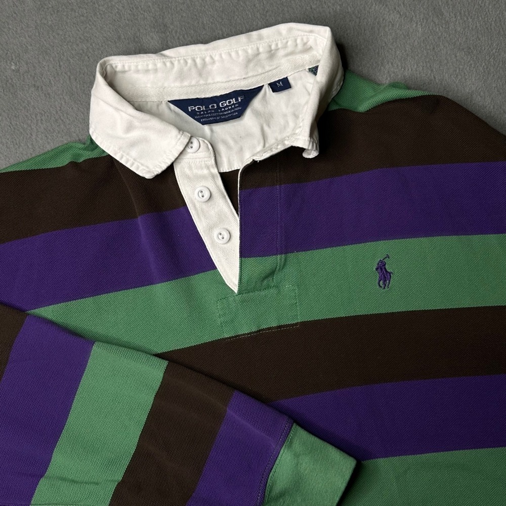 Vintage Polo Golf Ralph Lauren Rugby Shirt Mens M Purple Green Brown Striped